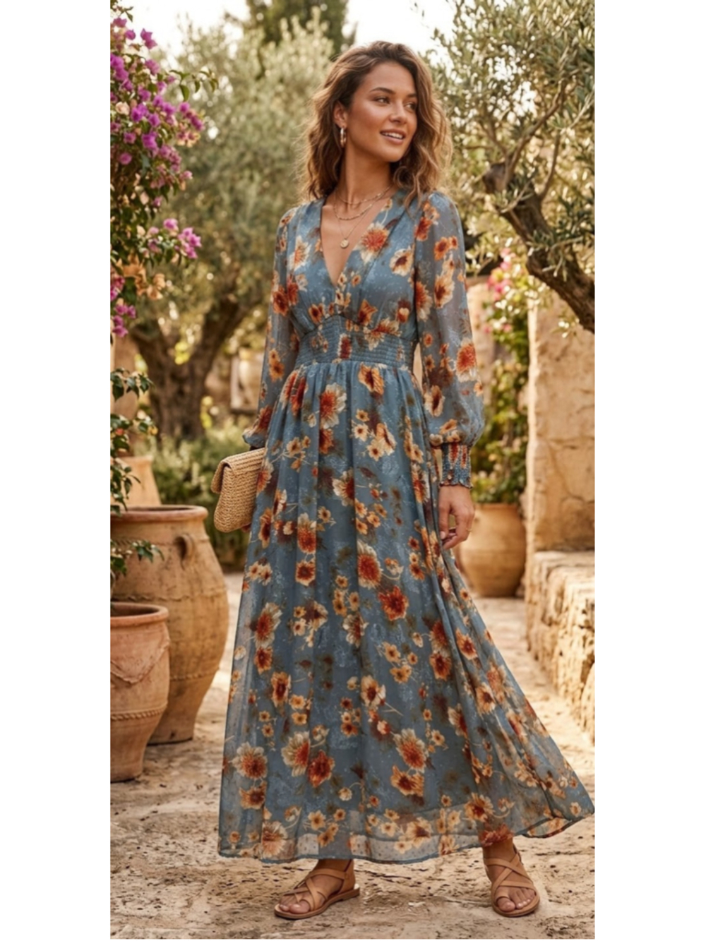 Baltic Born Floral Maxi Dress L Boho V-Neck Smocked Long Sleeve Dark Romantic